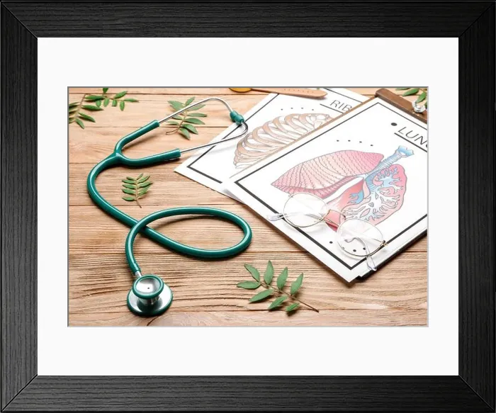 Framed Print : Stethoscope with drawings of human lungs and ribs on wooden background Framed Print : Stethoscope with drawings of human lungs and ribs on wooden background