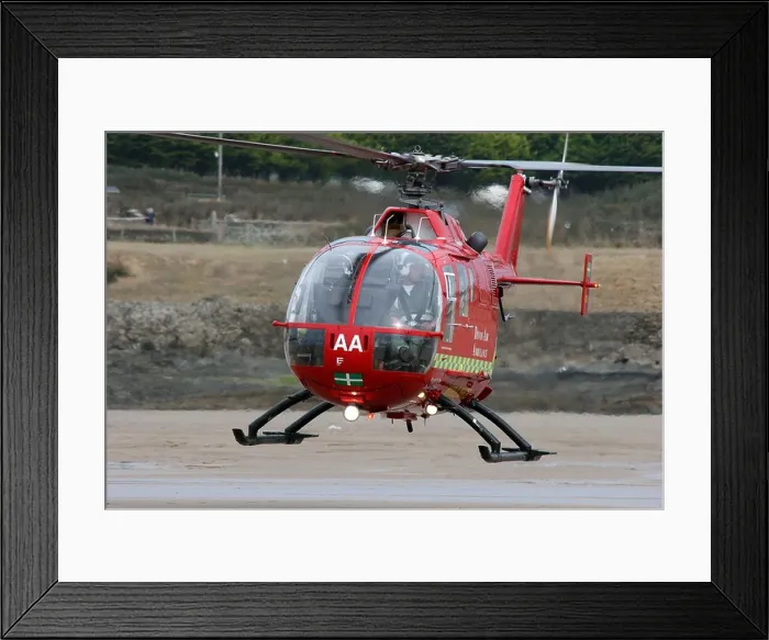 Framed Print : Devon air ambulance G-NOAA landing Croyde Town Beach Framed Print : Devon air ambulance G-NOAA landing Croyde Town Beach
