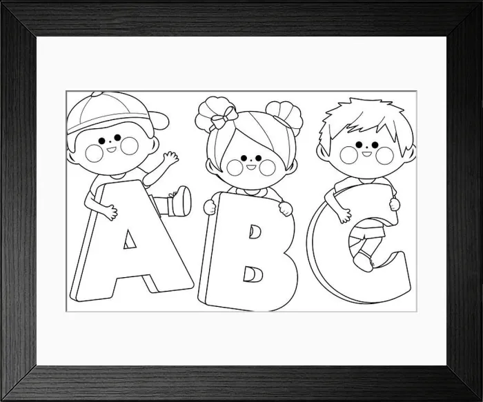 Framed Print : Children holding cartoon letters. Vector black and white coloring page