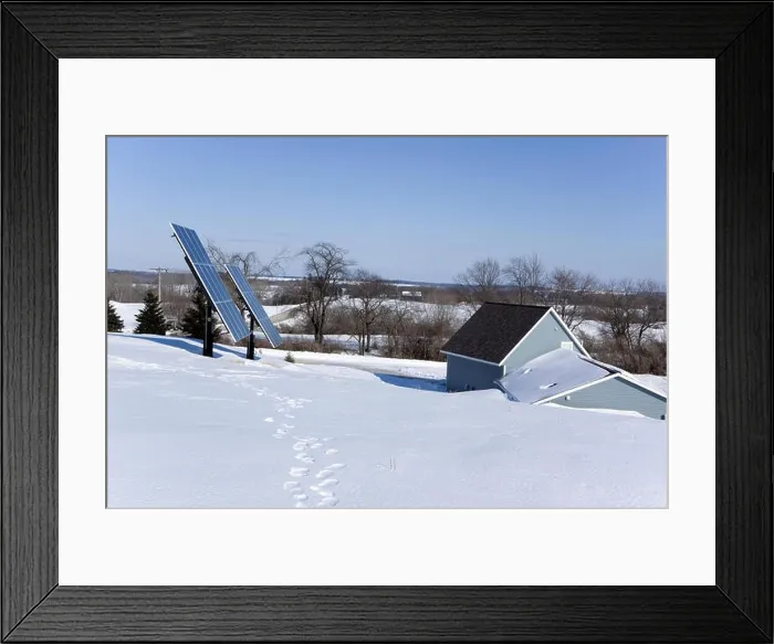 Framed Print : Earth sheltered home with photovoltaic solar panels in a winter rural setting Framed Print : Earth sheltered home with photovoltaic solar panels in a winter rural setting