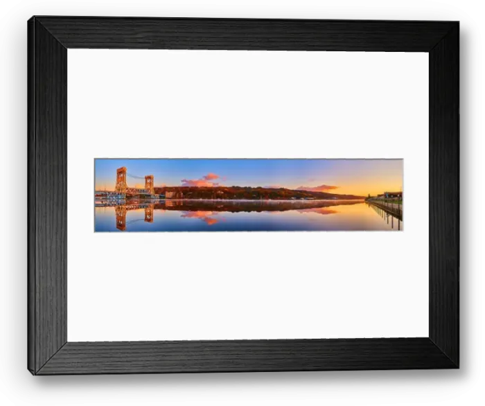 Framed Print : Panorama of Houghton harbor with lift bridge and glassy river surface and docks in the fall Framed Print : Panorama of Houghton harbor with lift bridge and glassy river surface and docks in the fall