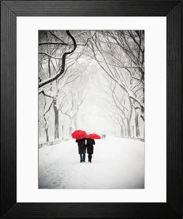 Framed Print : Couple holding red umbrella walking in the park in snow Framed Print : Couple holding red umbrella walking in the park in snow