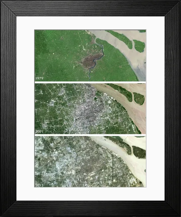 Framed Print : Satellite view of Shanghai, China in 1979, 2001 and 2013. This before and after image shows urban expansion over the years Framed Print : Satellite view of Shanghai, China in 1979, 2001 and 2013. This before and after image shows urban expansion over the years