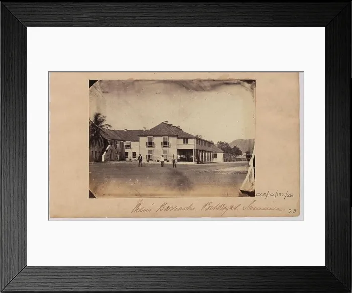 Framed Print : Jamaica, Showing several men outside the barracks. Caption reads: Men's barracks, Port Royal, Jamaica, 1862. 2005 / 001 / 152 / 26 Framed Print : Jamaica, Showing several men outside the barracks. Caption reads: Men's barracks, Port Royal, Jamaica, 1862. 2005 / 001 / 152 / 26