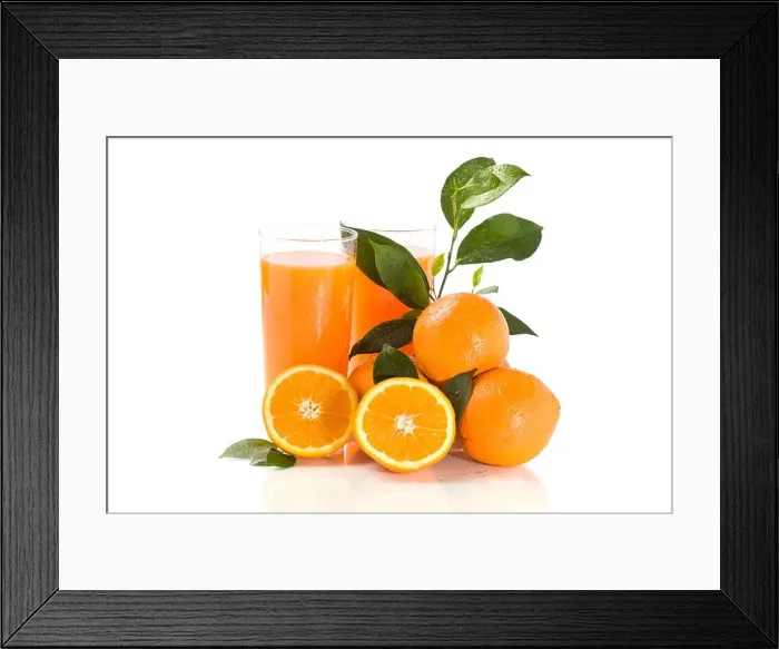 Framed Print : photo of fresh orange juice with water drops and green leaves Framed Print : photo of fresh orange juice with water drops and green leaves