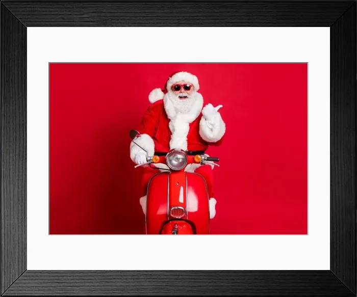 Framed Print : Photo of retired grandfather white beard ride retro moped direct thumb empty space propose look funny christmas decoration wear x-mas costume coat Framed Print : Photo of retired grandfather white beard ride retro moped direct thumb empty space propose look funny christmas decoration wear x-mas costume coat