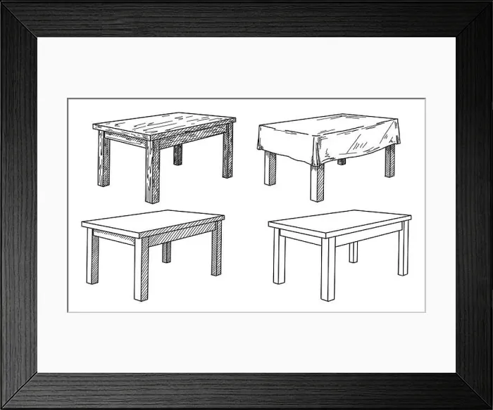 Framed Print : Realistic sketch of different tables in perspective. Table set. Vector illustration Framed Print : Realistic sketch of different tables in perspective. Table set. Vector illustration