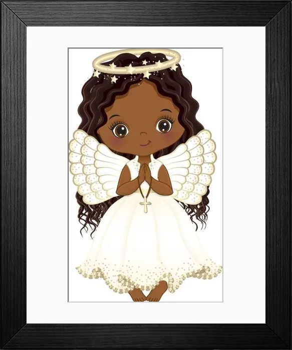 Framed Print : Vector Cute African American Girl Angel Holding Cross, Praying Framed Print : Vector Cute African American Girl Angel Holding Cross, Praying