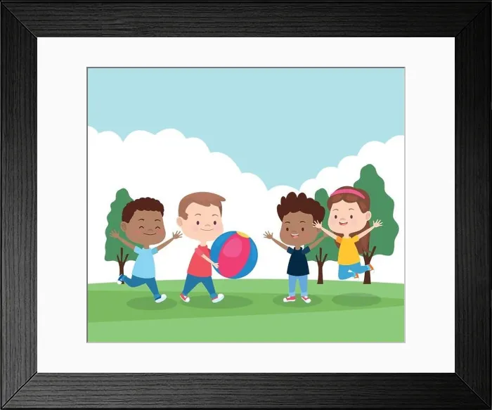 Framed Print : cartoon happy kids playing in the park, colorful design Framed Print : cartoon happy kids playing in the park, colorful design