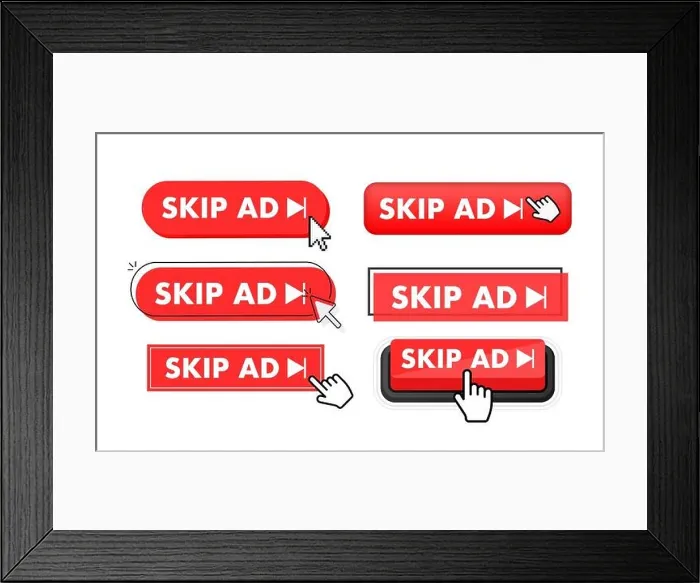 Framed Print : Set of Skip ad button. Hand pointer clicking. Skip ad web buttons Framed Print : Set of Skip ad button. Hand pointer clicking. Skip ad web buttons