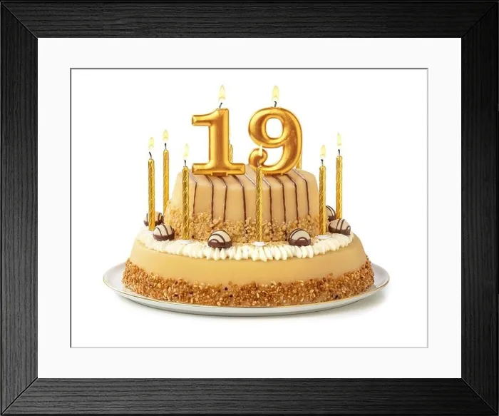 Framed Print : Festive cake with golden candles - Number 19 Framed Print : Festive cake with golden candles - Number 19