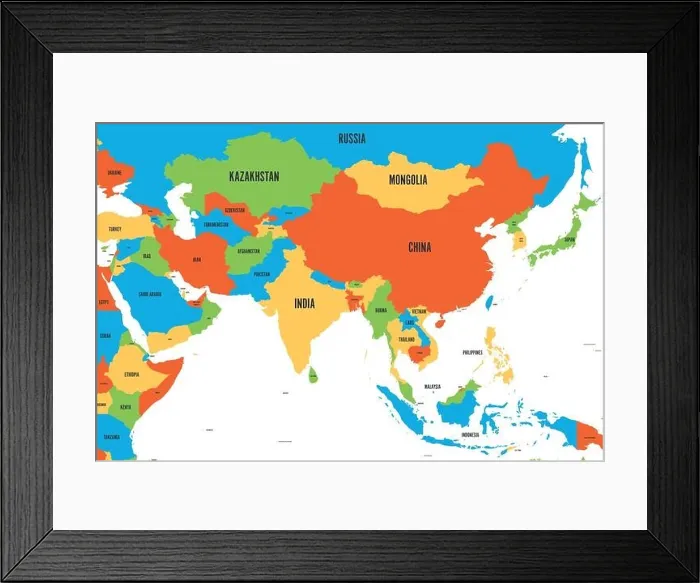 Framed Print : Colorful political map of western, southern and eastern Asia. Simple flat vector illustration Framed Print : Colorful political map of western, southern and eastern Asia. Simple flat vector illustration