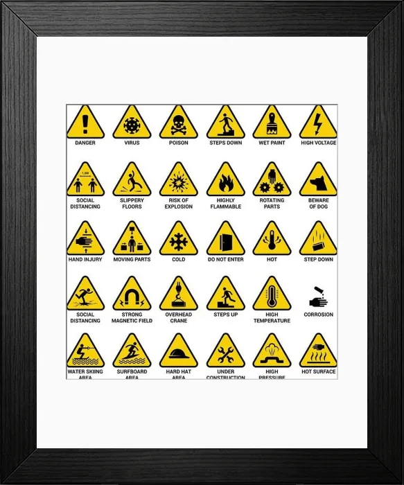 Framed Print : Triangle warning sign. Danger symbols safety emergency electrical hazard vector collection Framed Print : Triangle warning sign. Danger symbols safety emergency electrical hazard vector collection