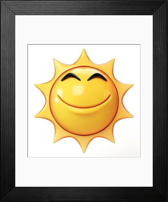 Framed Print : Cartoon sun emoji isolated on white background, sunshine emoticon 3d rendering Framed Print : Cartoon sun emoji isolated on white background, sunshine emoticon 3d rendering