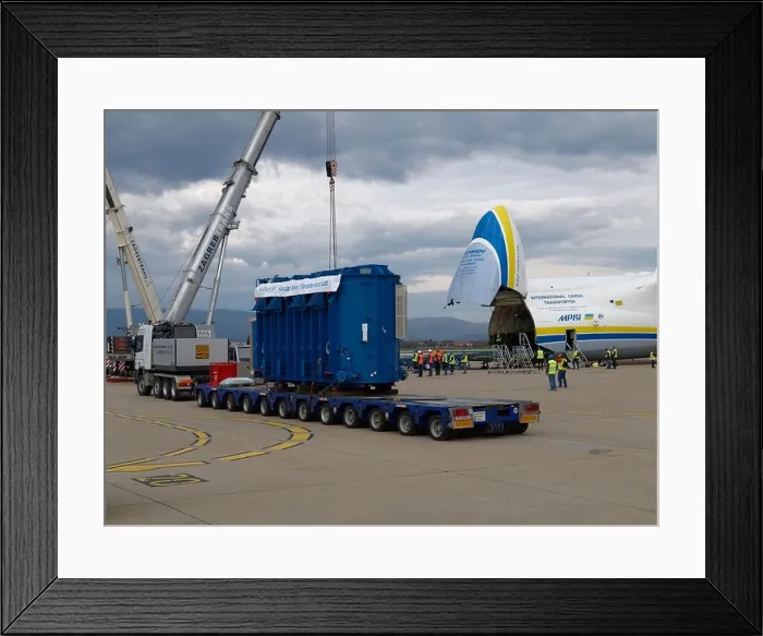 Framed Print : KONCAR heavy load with loading cranes and extended loading platform of the Antonov An-225 Mriya heavy airplane Framed Print : KONCAR heavy load with loading cranes and extended loading platform of the Antonov An-225 Mriya heavy airplane