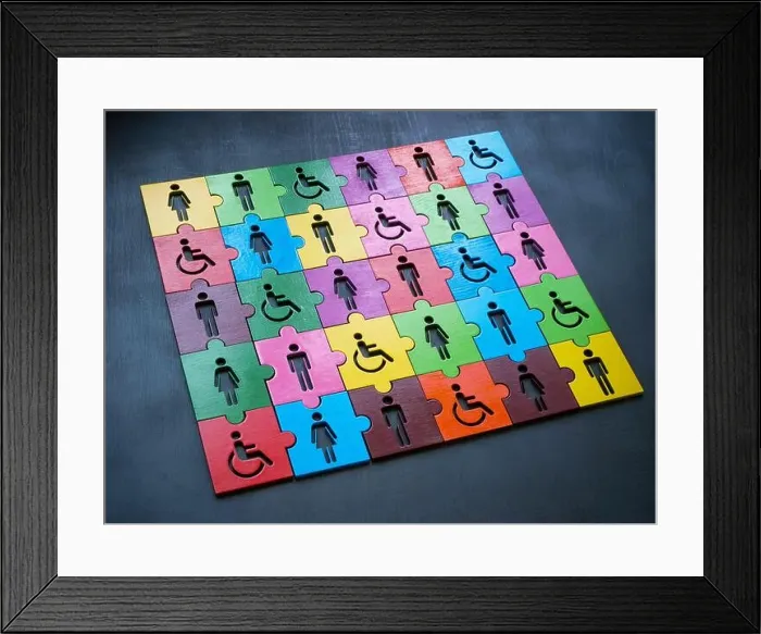 Framed Print : Multi-colored puzzle with figures as a symbol of diversity and inclusion Framed Print : Multi-colored puzzle with figures as a symbol of diversity and inclusion