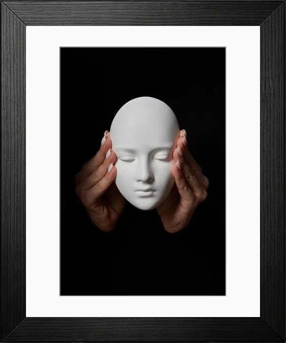Framed Print : Female hands close ears of plaster mask face on a black background. Hear no evil. Concept three wise monkeys Framed Print : Female hands close ears of plaster mask face on a black background. Hear no evil. Concept three wise monkeys
