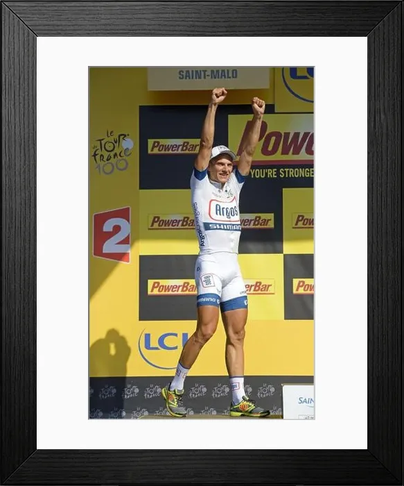Framed Print : German Marcel Kittel of team Argos-Shimano celebrates on the podium after he won the tenth stage of the Tour de France Framed Print : German Marcel Kittel of team Argos-Shimano celebrates on the podium after he won the tenth stage of the Tour de France