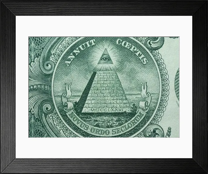 Framed Print : Picture of the Great Seal of the United States with writings Annuit Coeptis and Novus Ordo Seclorum, printed on One USA dollar banknote Framed Print : Picture of the Great Seal of the United States with writings Annuit Coeptis and Novus Ordo Seclorum, printed on One USA dollar banknote