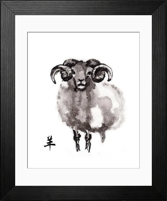 Framed Print : Ram standing frontal, oriental ink painting with Chinese hieroglyph goat'. Symbol of the new year of goat, sheep Framed Print : Ram standing frontal, oriental ink painting with Chinese hieroglyph goat'. Symbol of the new year of goat, sheep