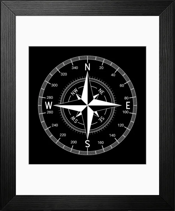 Framed Print : Compass. White illustration on black background Framed Print : Compass. White illustration on black background