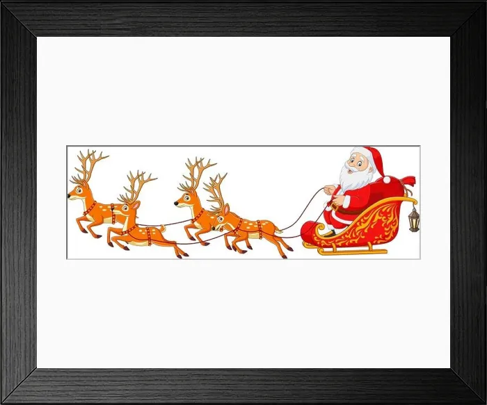 Framed Print : Christmas Cartoon Santa with Reindeer Sleigh Framed Print : Christmas Cartoon Santa with Reindeer Sleigh