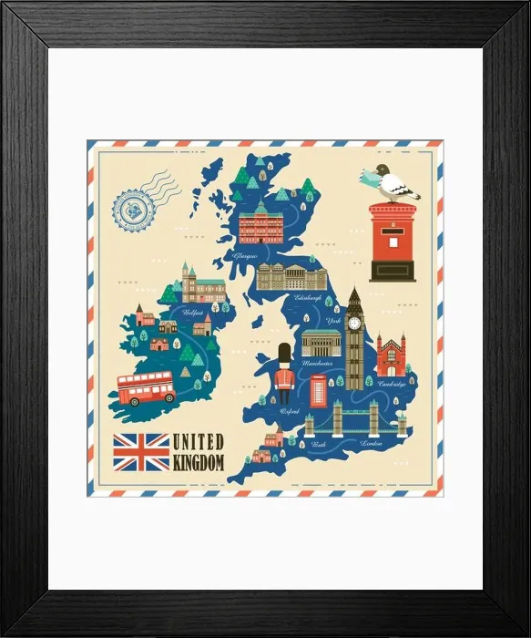 Framed Print : lovely United Kingdom travel map with attractions Framed Print : lovely United Kingdom travel map with attractions