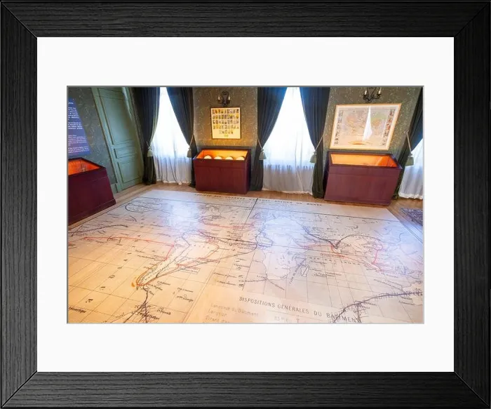 Framed Print : France, Somme, Amiens, Jules Verne's house, his library and on the ground a maritime map retracing the Around the World in 80 days