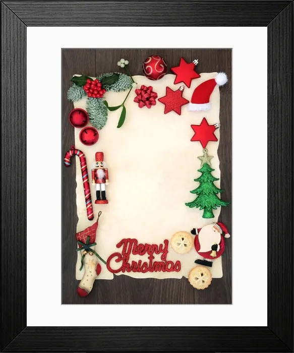 Framed Print : Blank letter to Santa Claus or party invitation with Merry Christmas sign on blank parchment paper with decorations, mince pies and winter flora Framed Print : Blank letter to Santa Claus or party invitation with Merry Christmas sign on blank parchment paper with decorations, mince pies and winter flora