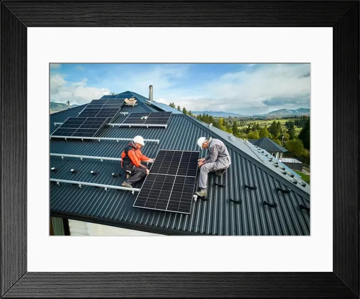 Framed Print : Roofers building photovoltaic solar module station on roof of house. Men electricians in helmets installing solar panel system outdoors Framed Print : Roofers building photovoltaic solar module station on roof of house. Men electricians in helmets installing solar panel system outdoors