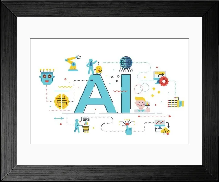 Framed Print : AI (artificial intelligence) word lettering illustration with icons for web banner, flyer, landing page, presentation, book cover, article, etc Framed Print : AI (artificial intelligence) word lettering illustration with icons for web banner, flyer, landing page, presentation, book cover, article, etc