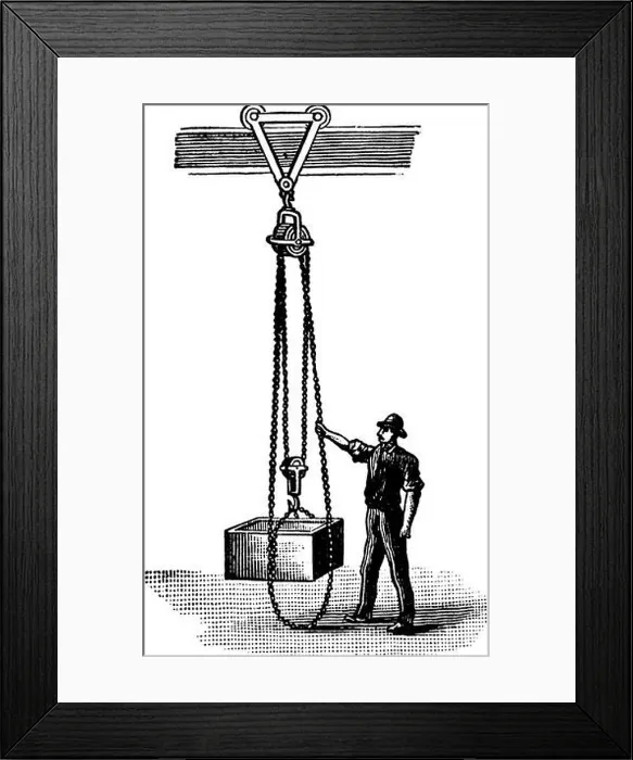 Framed Print : A differential pulley is used to manually lift very heavy objects like car engines, vintage line drawing or engraving illustration Framed Print : A differential pulley is used to manually lift very heavy objects like car engines, vintage line drawing or engraving illustration