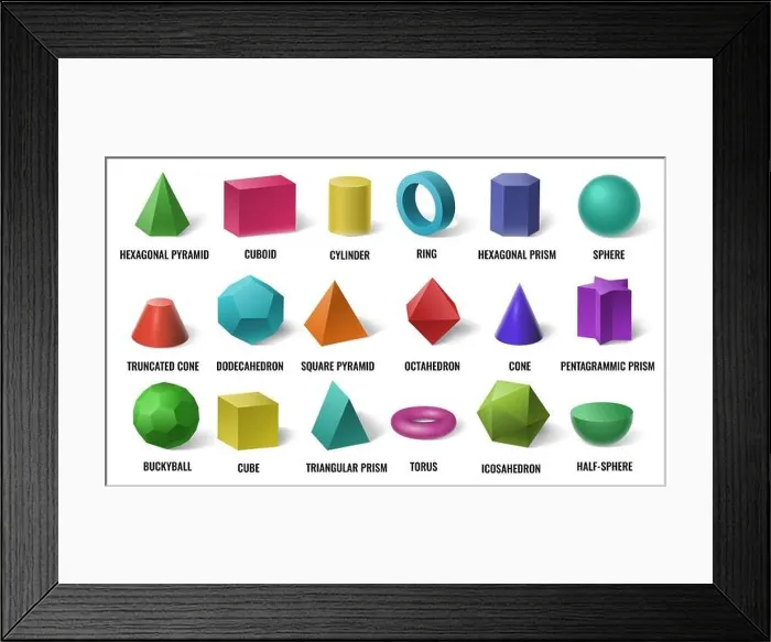 Framed Print : Realistic 3D color basic shapes. Solid colored geometric forms, cylinder and colorful cube shape vector illustration set