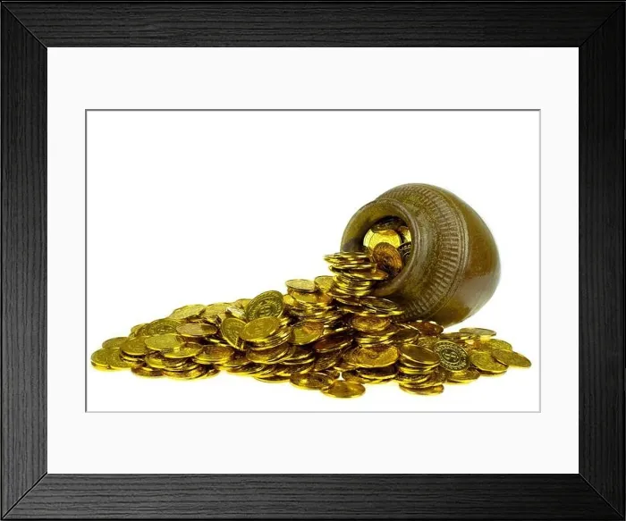 Framed Print : Gold coin in treasure old pot on white background Framed Print : Gold coin in treasure old pot on white background
