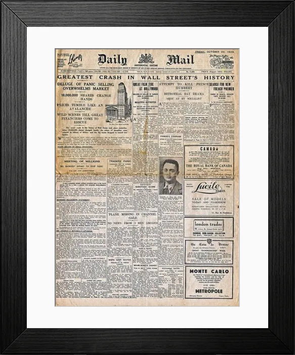Framed Print : Wall Street crash newspaper headline 1929 Framed Print : Wall Street crash newspaper headline 1929
