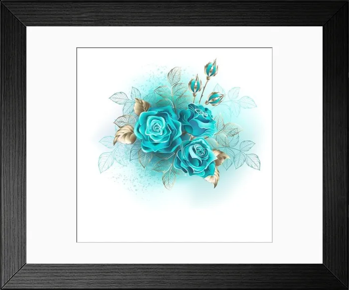 Framed Print : Bouquet of three turquoise roses with gold and turquoise leaves on white background Framed Print : Bouquet of three turquoise roses with gold and turquoise leaves on white background