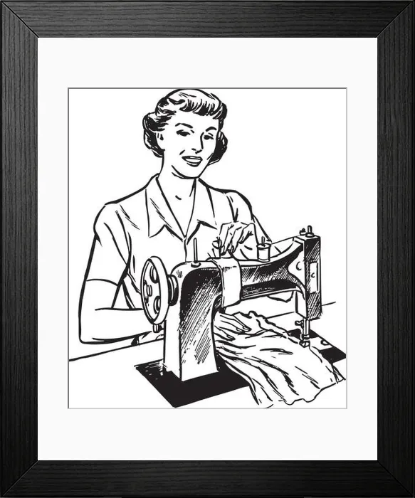 Framed Print : Lady Sewing - Retro Clipart Illustration Framed Print : Lady Sewing - Retro Clipart Illustration