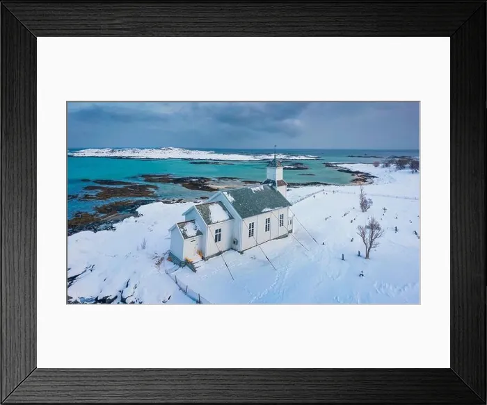 Framed Print : Aerial landscape photography. View from flying drone of Gimsoy Church, Norway, Europe. Gloomy winter scene of Lofoten Islands. Picturesque morning sea Framed Print : Aerial landscape photography. View from flying drone of Gimsoy Church, Norway, Europe. Gloomy winter scene of Lofoten Islands. Picturesque morning sea