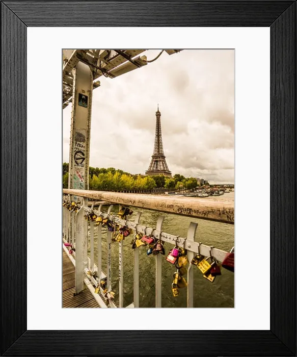 Framed Print : A view of the Eiffel Tower from a love lock bridge in the city of Paris France Framed Print : A view of the Eiffel Tower from a love lock bridge in the city of Paris France