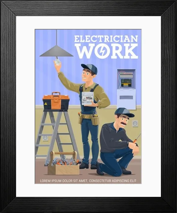 Framed Print : Electrician home service, vector poster, house electrical works. Electricity meters repair and installation, electrician workers with tools, voltmeter Framed Print : Electrician home service, vector poster, house electrical works. Electricity meters repair and installation, electrician workers with tools, voltmeter