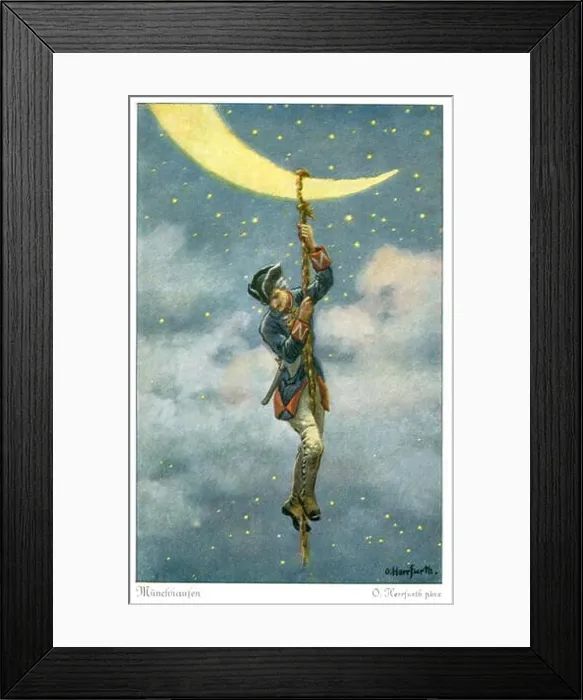 Framed Print : Münchhausens Abenteuer. Postkartenserie nach den Lügengeschichten des Baron Münchhausen. Serie der Firma UVACHROM Framed Print : Münchhausens Abenteuer. Postkartenserie nach den Lügengeschichten des Baron Münchhausen. Serie der Firma UVACHROM