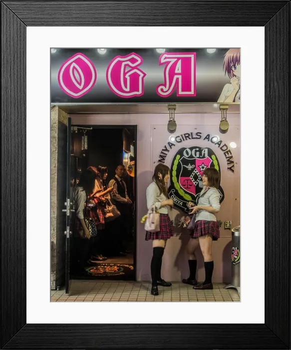 Framed Print : Young women in school girl uniform chat as they wait for clients outside hostess club with schoolgirl theme, red light district, Omiya, Saitama Japan Framed Print : Young women in school girl uniform chat as they wait for clients outside hostess club with schoolgirl theme, red light district, Omiya, Saitama Japan