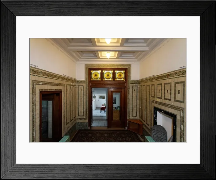Framed Print : Hotel Huize Glory, ostentatious villa from the 20s, entrance hall in the style of the Amsterdam School, Bergen aan Zee, Holland Framed Print : Hotel Huize Glory, ostentatious villa from the 20s, entrance hall in the style of the Amsterdam School, Bergen aan Zee, Holland