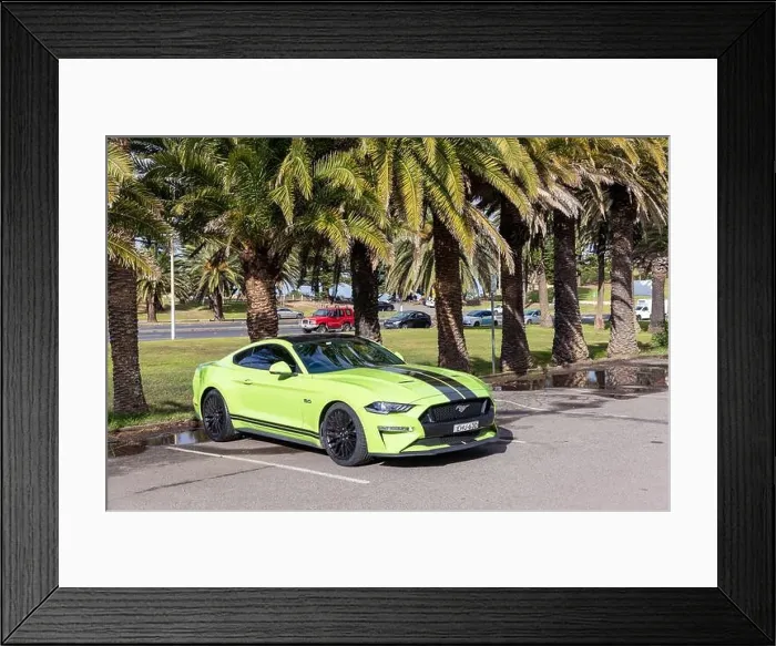 Framed Print : 2020 model Ford Mustang car in lime green with black bonnet stripes, Sydney, NSW, Australia