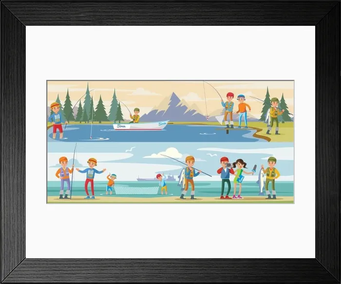 Framed Print : Outdoor activity horizontal banners with people fishing on lake and reporters interview fisherman catching big fish vector illustration Framed Print : Outdoor activity horizontal banners with people fishing on lake and reporters interview fisherman catching big fish vector illustration