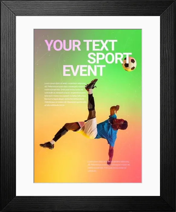 Framed Print : Soccer, football man in flight. Sport event poster in neoned colors. Template, copyspace for your design Framed Print : Soccer, football man in flight. Sport event poster in neoned colors. Template, copyspace for your design