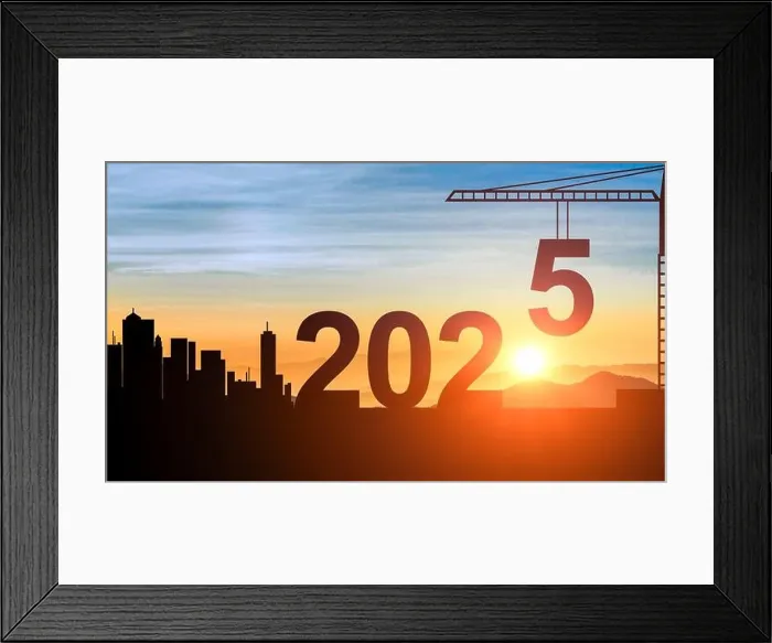Framed Print : 2025. New Year 2025. Construction crane sets numbers for New Year 2025. New Start motivation inspirational quote message on silhouette crane in sunset Framed Print : 2025. New Year 2025. Construction crane sets numbers for New Year 2025. New Start motivation inspirational quote message on silhouette crane in sunset