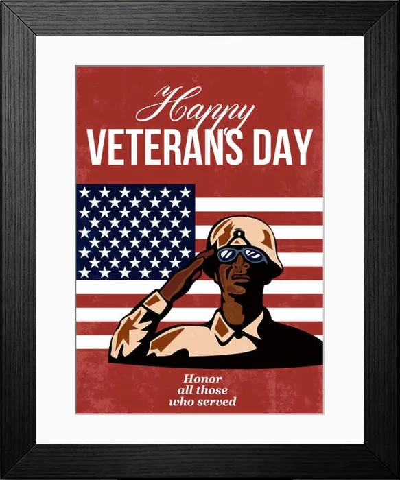 Framed Print : Greeting card poster showing illustration of an African American soldier serviceman saluting with stars and stripes flag in background Happy Veterans Framed Print : Greeting card poster showing illustration of an African American soldier serviceman saluting with stars and stripes flag in background Happy Veterans