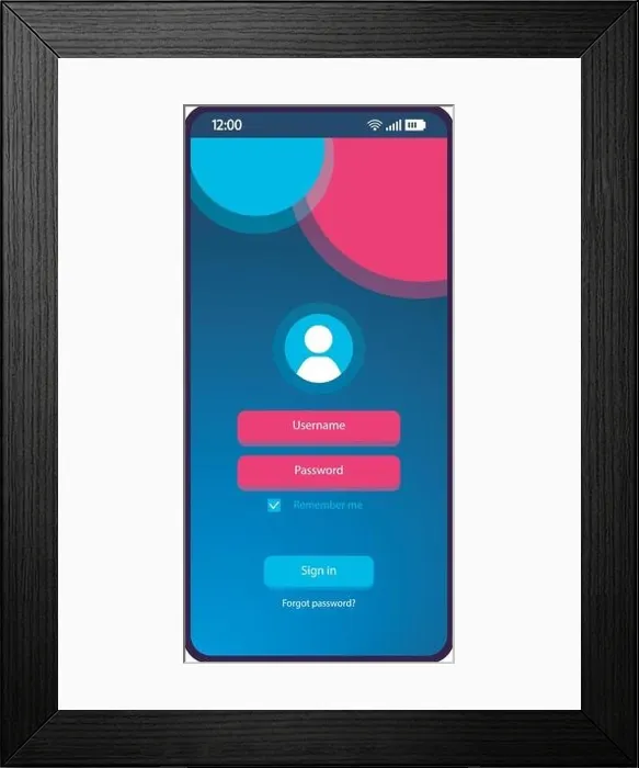 Framed Print : Login page smartphone interface vector template. Mobile app page blue design layout. Username, password fields. Authorization screen. Flat UI for appl Framed Print : Login page smartphone interface vector template. Mobile app page blue design layout. Username, password fields. Authorization screen. Flat UI for appl