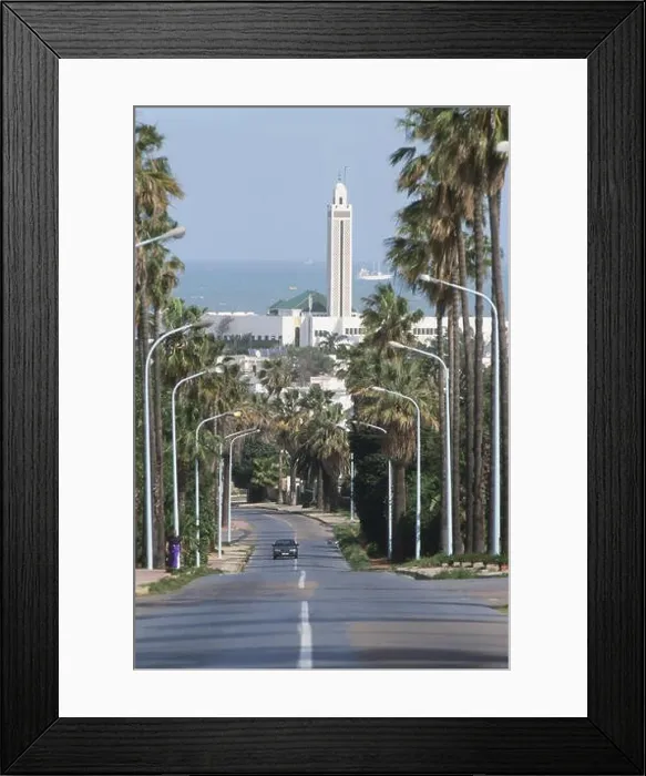Framed Print : Morocco, Casablanca, Anfa Quarter, car on road lined with palm trees overlooking port city and sea Framed Print : Morocco, Casablanca, Anfa Quarter, car on road lined with palm trees overlooking port city and sea